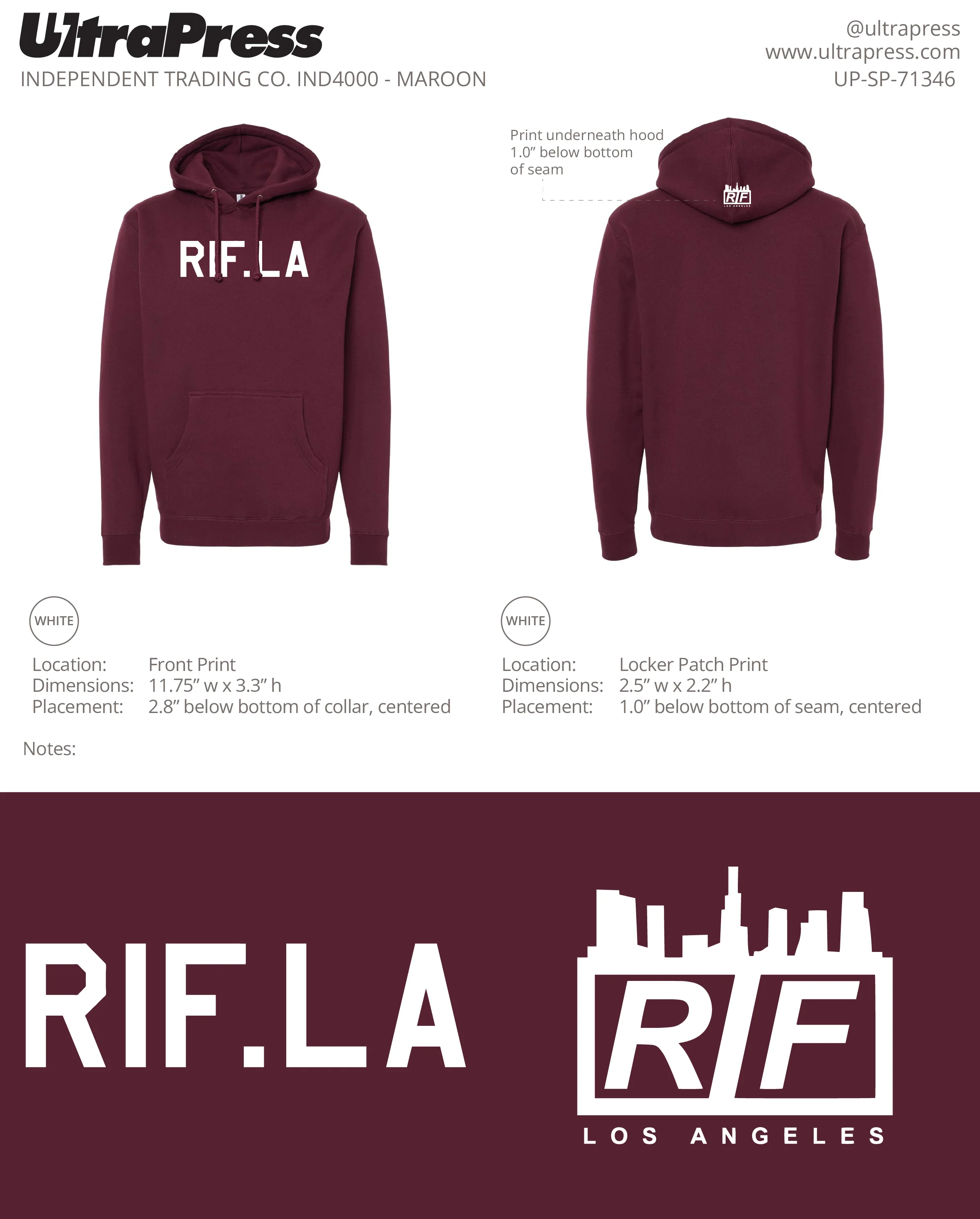 UP-SP-71346 RIF.LA Hoodies - White Ink 72 Min Qty (Bulk) - Image 3