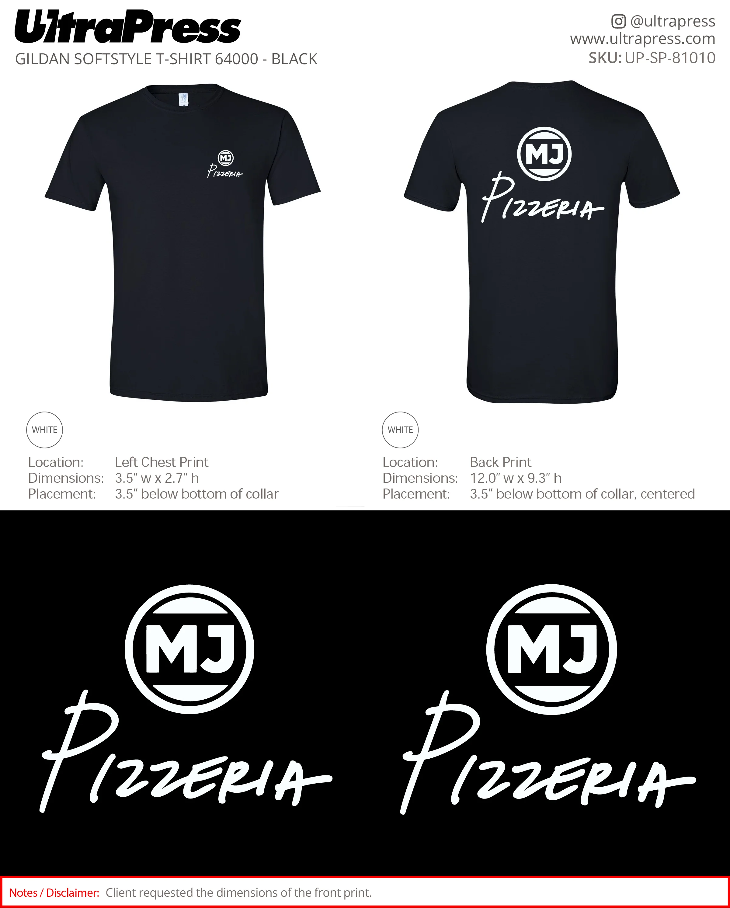 UP-SP-81010 MJ Pizzeria White Logo - Miles James 50 Min Qty (Bulk)